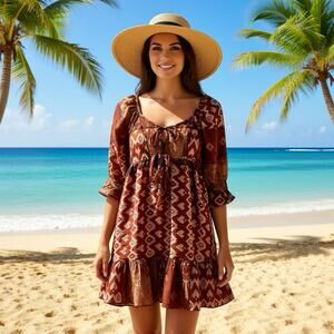 Mini Smocked Dress S Hippie Indian Festival Bohemian 3/4 Sleeve Geo Silky Statin